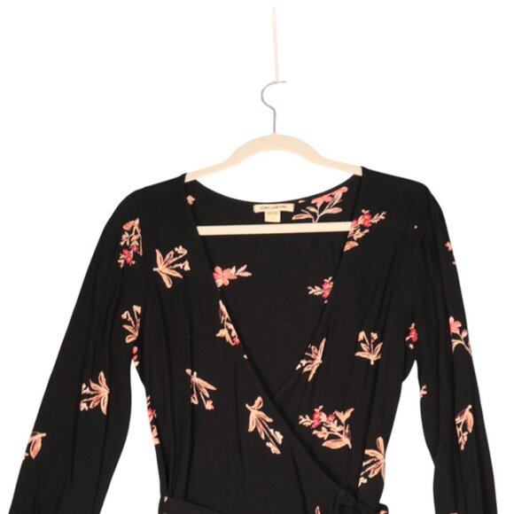 Billabong Mini Wrap Dress Womens Small Black Floral Crinkle Boho Long Sleeve - Picture 3 of 9